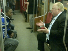Mayor Rob Ford speaks to a man on a Scarborough RT train in this photo posted to Twitter early Thursday, Feb. 9, 2012. (Twitter/Isaac Ransom)