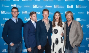Actors Matthew Goode, Alan Leech, Benedict Cumberbatch, Keira Knightley, and director Morten Tyldum (left to right) pose for a photo call for "The Imitation Game" at the 2014 Toronto International Film Festival in Toronto on Tuesday, Sept. 9, 2014. (Hannah Yoon/The Canadian Press)