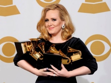 Adele poses backstage with her six awards at the 54th annual Grammy Awards on Sunday, Feb. 12, 2012, in Los Angeles. Adele won awards for best pop solo performance for "Someone Like You," song of the year, record of the year, and best short form music video for "Rolling in the Deep," and album of the year and best pop vocal album for "21." (AP Photo/Mark J. Terrill)