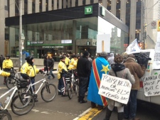 Protesters are seen at the intersection of Queen and Bay streets on Thursday, Feb. 16, 2012. (Devon Soltendiek/CP24)