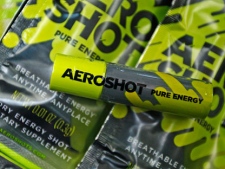 An "Aero Shot" caffeine device is displayed in Boston, Tuesday Feb. 7, 2012. The lipstick-sized product went on the market late last month in Massachusetts and New York, and is also available in France. A single unit costs $2.99 at convenience, mom-and-pop, liquor and online stores. (AP Photo/Charles Krupa)