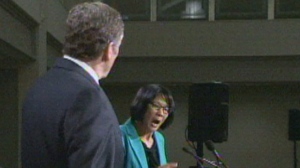 Olivia Chow and John Tory participate in a mayoral debate hosted by the Empire Club of Canada on Friday afternoon. 