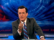 In this image taken from video, Stephen Colbert is seen on the set of 'The Colbert Report' in New York on Monday, Feb. 20, 2012.