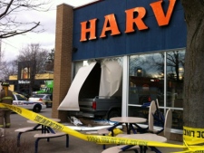 Two people were injured after a truck crashed into a restaurant in Niagara Falls on Monday, Feb. 27, 2012.