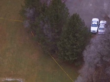 Toronto police cars and police tape are pictured Thursday, March 1, 2012, after human remains were found in a wooded area near Highway 401 and Yonge Street.