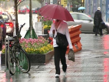 A woman shields herself from the rain with an umbrella in downtown Toronto.