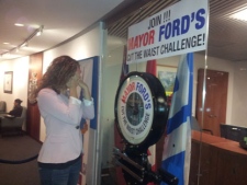 Sandie Benitah refuses to look after she steps on Mayor Ford's 'Cut the Waist' scale.