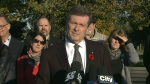 John Tory speaks with reporters on Friday morning. Tory is promising to make job creation a priority if he is elected as the city’s chief magistrate on Monday, despite the fact that the issue was often ignored during the course of the campaign. 