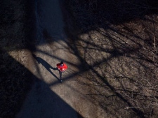 A jogger runs through the sunshine under a bridge at Cedarvale Park in Toronto on Sunday, March 11, 2012. (THE CANADIAN PRESS/Pawel Dwulit)