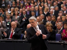 Germany's new President Joachim Gauck prior to his speech after he was elected in Berlin, Sunday, March 18, 2012. A wide majority of German lawmakers has elected former East German pro-democracy activist Joachim Gauck as new president. Parliament speaker Norbert Lammert said Sunday that Gauck, who enjoyed the backing of most major parties, received 991 of the 1,232 ballots cast. (AP Photo/Markus Schreiber)