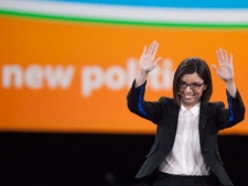 NDP leadership candidate Niki Ashton waves on stage during the NDP leadership convention in Toronto on Friday, March 23, 2012. (THE CANADIAN PRESS/Pawel Dwulit)