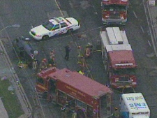 A vehicle involved in a rollover near Bathurst Street and Wilson Avenue is shown. (CP24)