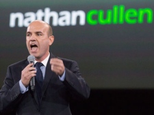 NDP leadership candidate Nathan Cullen speaks on stage during the NDP leadership convention in Toronto on Friday, March 23, 2012. THE CANADIAN PRESS/Frank Gunn