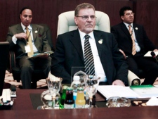 Libyan Foreign Minister Ashour Ben Khayil, centre, attends the Arab Foreign ministers meeting as part of Arab League Summit in Baghdad, Iraq on Wednesday, March, 28, 2012. Foreign ministers of the 22-member Arab League will ask their heads of state to urge the Syrian regime to halt its crackdown on civilians and allow humanitarian groups into the country. (AP Photo/Karim Kadim)