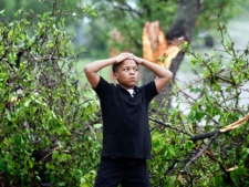 Ten year-old Ty Proctor surveys damage after a tornado struck Arlington, Texas on Tuesday, April 3, 2012. Several reported tornadoes tore through the Dallas area on Tuesday, tossing semis in the air and leaving crumpled tractor trailers strewn along highways and in truck stop parking lots.  The National Weather Service reported at least two separate "large and extremely dangerous" tornadoes south of Dallas and Fort Worth. (AP Photo/The Fort Worth Star-Telegram, Ron Jenkins) 