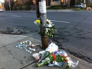 A memorial for 24-year-old David Chiang is pictured on Mount Pleasant Road, near Stibbard Avenue, on Wednesday, April 4, 2012, a day after he was killed in a crash. (CP24/Tom Stefanac)