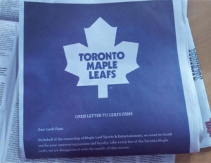 The Leafs took out a full-page ad in Toronto newspapers to apologize to their fans on April 10, 2012. They also posted the apology to their website. (Sandie Benitah/CP24)