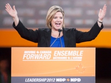 Ontario NDP Leader Andrea Horwath gestures during her speech at the NDP leadership convention in Toronto on Friday, March 23, 2012. (THE CANADIAN PRESS/Pawel Dwulit)