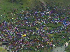 An aerial shot shows the crowd gathered at Queen's Park for a labour rally Saturday afternoon. (CP24)