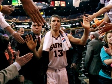 Phoenix Suns' Steve Nash leaves the court after an NBA basketball game against the San Antonio Spurs, Wednesday, April 25, 2012, in Phoenix. This could be Nash's final game for the Suns. The two-time MVP and eight-time All-Star will become a free agent this summer and is seeking a three-year deal. (AP Photo/Matt York) 
