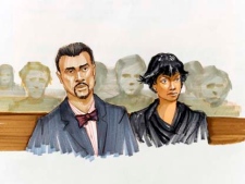 This courtroom sketch shows Jennifer Hudson right, and her fiance David Otunga looking on in the courtroom during the first day of William Balfour's murder trial at the Cook County Criminal Court in Chicago, Monday, April 23, 2012. Balfour is charged in the 2008 murder of Hudson's mother, brother and nephew. (AP Photo/Tom Gianni)