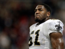 This Oct. 30, 2011 file photo shows New Orleans Saints linebacker Jonathan Vilma on the sideline during the fourth quarter of an NFL football game against the St. Louis Rams, in St. Louis. Vilma was suspended by the NFL for the 2012 season. (AP Photo/Seth Perlman, File)