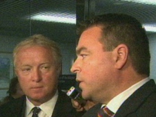 Toronto Zoo CEO John Tracogna (left) and Coun. Giorgio Mammoliti (right) speak with reporters Thursday. (CP24)