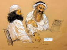In this photo of a sketch by courtroom artist Janet Hamlin and reviewed by the U.S. Department of Defense, Khalid Sheikh Mohammed, right, and co-defendant Walid bin Attash attend military hearing at the Guantanamo Bay U.S. Naval Base in Cuba, Saturday, May 5, 2012. The self-proclaimed mastermind of the Sept. 11 attacks, Khalid Sheikh Mohammed repeatedly declined to respond to a judge's questions Saturday and his co-defendant Walid bin Attash was briefly restrained at a military hearing as five men charged with the worst terror attack in U.S. history appeared in public for the first time in more than three years. (AP Photo/Janet Hamlin, Pool)