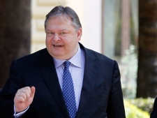 Greek Socialist leader Evangelos Venizelos leaves the Presidential Palace after meeting with President Karolos Papoulias in Athens, Sunday May 13 2012. Papoulias has called the leaders of Greece's political parties to meetings on Sunday, in a last-ditch effort to broker a deal for a coalition government.(AP Photo/Kostas Tsironis)