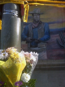 A memorial for Bailey Zaveda has been placed outside the bar where she was shot dead. (CP24/Ramen Zarafshan)