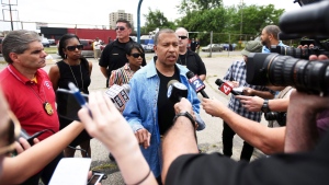 Detroit Police Chief James Craig talks to media, Sunday, June 21, 2015, near the scene of a block party where three men exchanged gunfire on Saturday in Detroit. (Tanya Moutzalias / AP)
