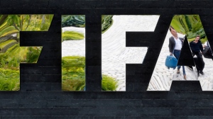 FIFA logo at the FIFA headquarters in Zurich, Switzerland. (AP/Michael Probst)