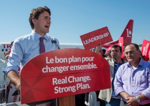 Liberal Leader Justin Trudeau addresses supporters during a campaign stop on Friday, Sept. 18, 2015, in Montreal. (The Canadian Press/Paul Chiasson)