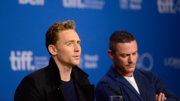Actors Tom Hiddleston (left) and Luke Evans look on during the press conference for "High-Rise" at the 2015 Toronto International Film Festival in Toronto, Monday, Sept, 14, 2015. THE CANADIAN PRESS/Marta Iwanek