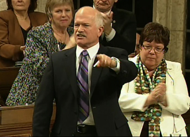 NDP Leader Jack Layton directs a question towards the Conservative bench during question period in the House of Commons, Thursday, Nov. 27, 2008.