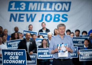 Conservative leader Stephen Harper holds a copy of his party's platform during a campaign stop in Richmond, B.C. Thursday, Oct. 9, 2015. (The Canadian Press/Jonathan Hayward)