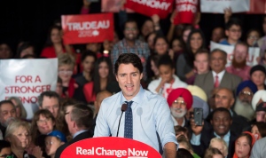 Liberal leader Justin Trudeau addresses supporters during a rally, Sunday, Oct. 18, 2015 in Edmonton. (The Canadian Press/Paul Chiasson)