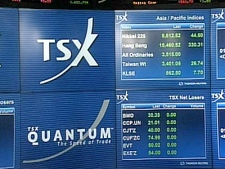 The TSX board (bottom right) displays just zeroes due to technical issues with the data feed that updates the numbers. The glitch caused the exchange to be shut down for Wednesday, Dec. 17, 2008.