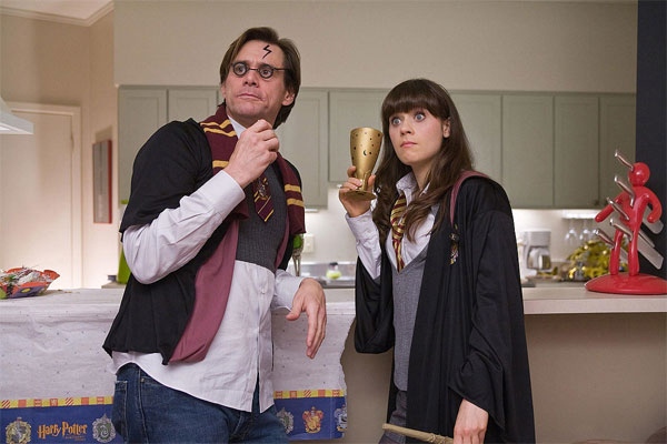 Jim Carrey and Zooey Deschanel attend a Harry Potter-themed party in the Warner Bros. Pictures film 'Yes Man'.