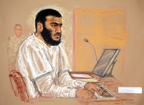 In this photo of a sketch by courtroom artist Janet Hamlin, reviewed by the U.S. Military, Omar Khadr sits during a hearing at the U.S. Military Commissions court for war crimes, at the U.S. Naval Base, in Guantanamo Bay, Cuba, Monday, Jan. 19, 2009. (AP / Janet Hamlin, Pool)
