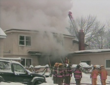 Orillia firefighters battle the blaze at the Muskoka Heights retirement residence in Orillia, 130 km north of Toronto, Monday, Jan. 19, 2009.