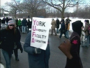 York University contract faculty members, teaching assistants and graduate assistants picket outside the school in Toronto, Tuesday, Jan. 20, 2009.