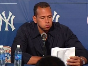 New York Yankees third baseman Alex Rodriguez speaks to the media about his use of a performance-enhancing substance on Tuesday, February 17, 2009.