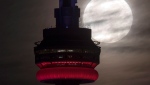 The super perigee full moon sets behind the CN tower in Toronto on Monday November 14, 2016. . THE CANADIAN PRESS/Frank Gunn