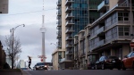 The CN Tower can be seen behind condo's in Toronto's Liberty Village community in Toronto, Ontario on Tuesday, April 25, 2017. THE CANADIAN PRESS/Cole Burston
