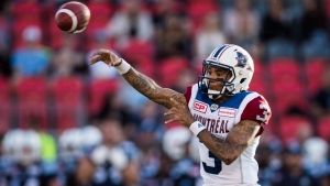 Montreal Alouettes quarterback Vernon Adams Jr. throws the ball against the Toronto Argonauts during the first half of CFL pre-season football action in Toronto, Thursday June 8, 2017. THE CANADIAN PRESS/Mark Blinch