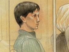 A courthouse sketch of Ashleigh Pechaluk at her first-degree murder trial on Tuesday, April 14, 2009. 