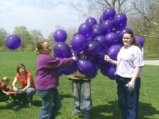 Purple balloons were released as a sign of hope for the safe return of Tori Stafford. The vigil took place in London, Ont. on Sunday, April 26, 2009.