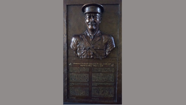 A bronzed relief of Lt.- Col. Samuel Sharpe created by artist Tyler Briley is seen in this undated handout photo. Hidden away somewhere on Parliament Hill is the bronzed relief of Lt.-Col. Samuel Sharpe. Finished two years ago, the sculpture appeared destined for a spot in the foyer outside the House of Commons to commemorate the former MP and recognize all Canadian veterans struggling with psychological injuries. THE CANADIAN PRESS/HO, Tyler Briley