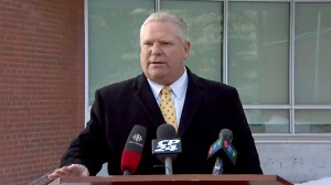 Doug Ford speaks to reporters at a news conference on Feb. 12, 2018.